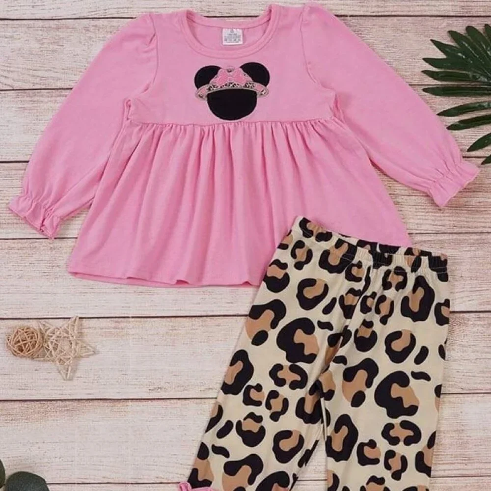Pink Princess Mouse & Leopard Ruffle Pants Set - Picture 1 of 3